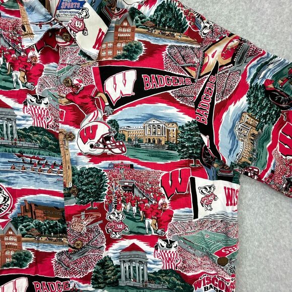 Reyn Spooner Sports Wisconsin Badgers Shirt Mens M Hawaiian Aloha Rayon Campus - Picture 7 of 11